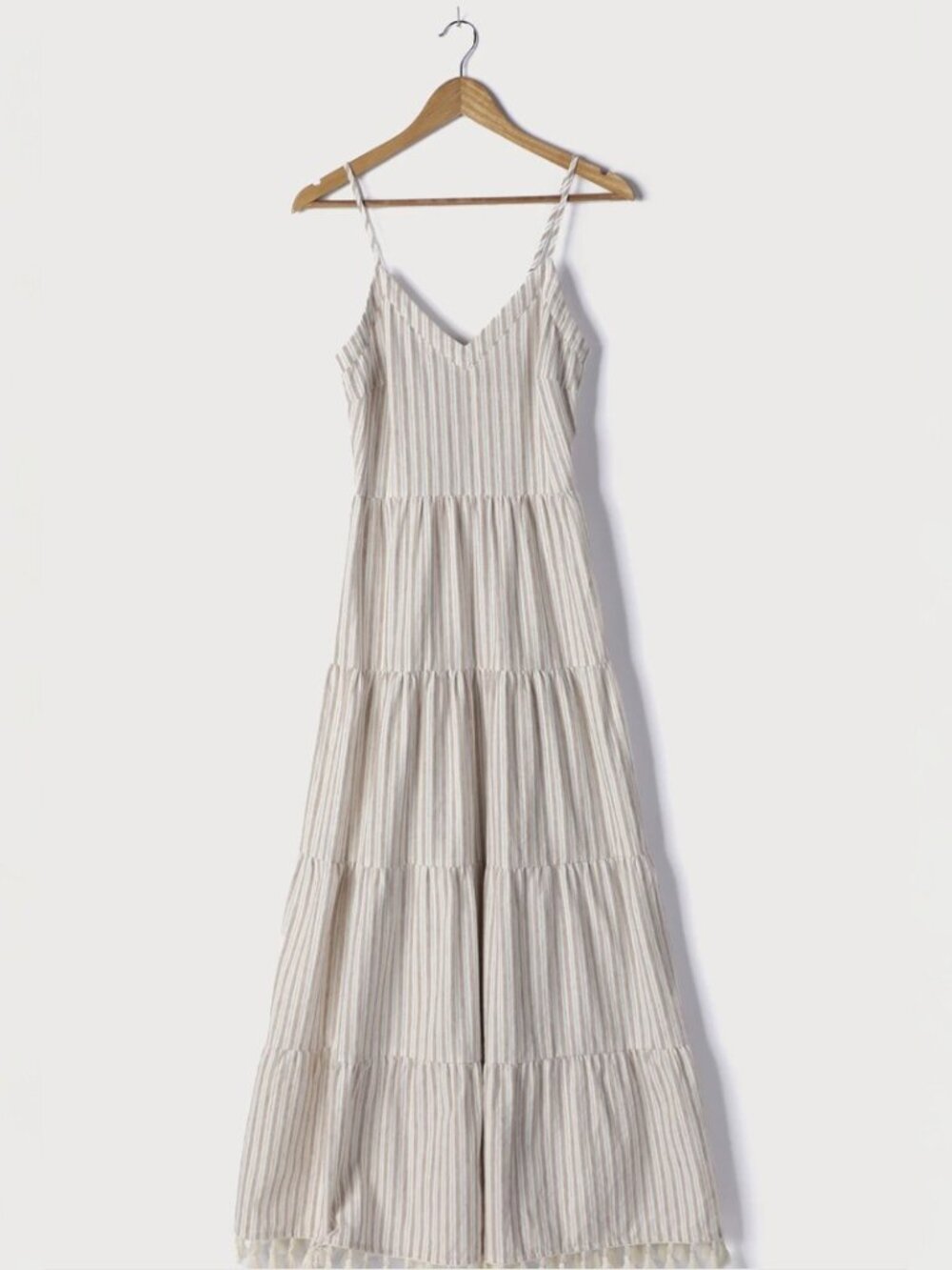 Lulus Beauty at the Beach Tan Striped Tiered Tassel Maxi Dress NWT - Picture 5 of 11
